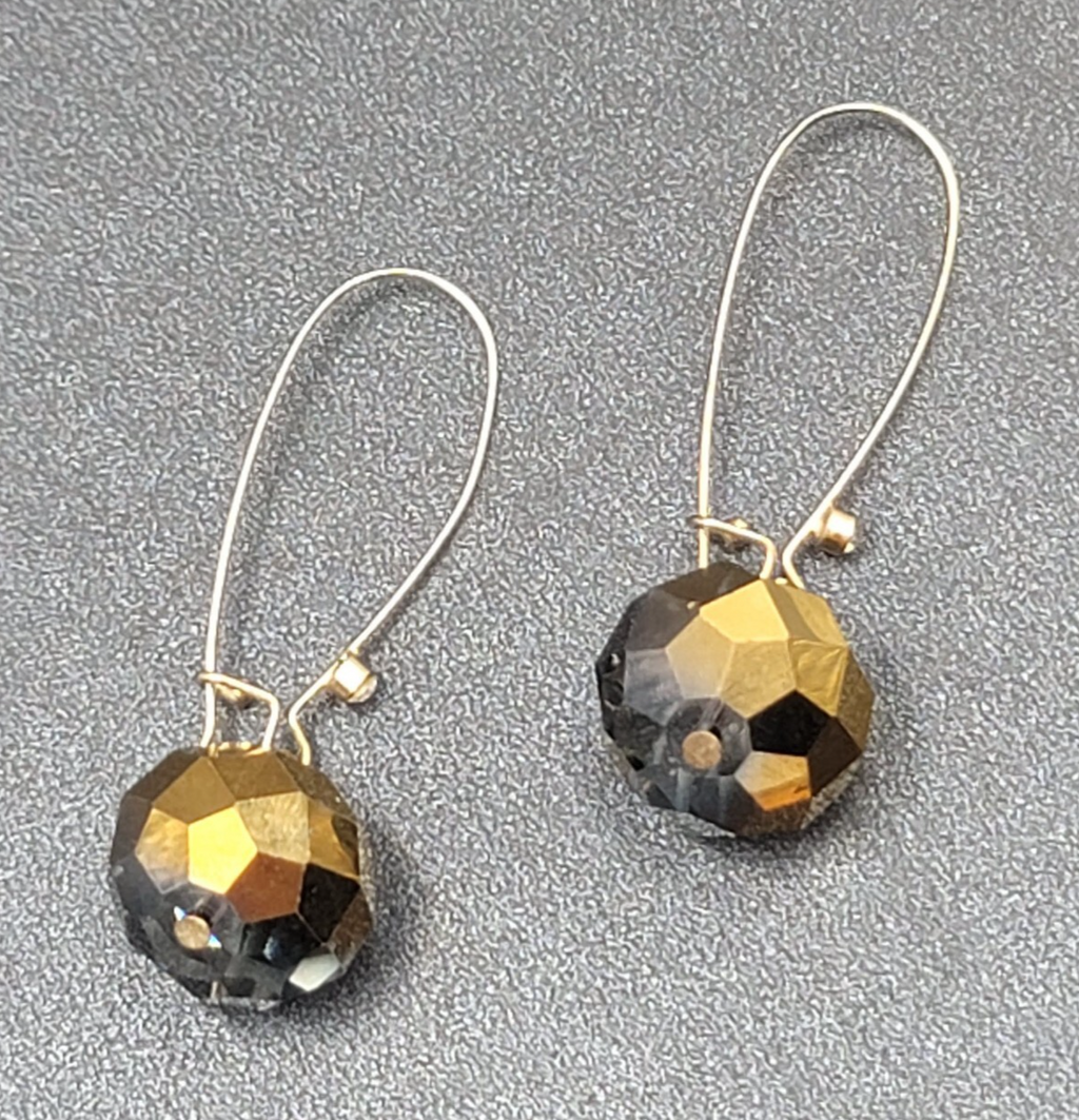 Pierced Earrings Gold tone faceted Glass Bead Smokey Gray Dangle 2"