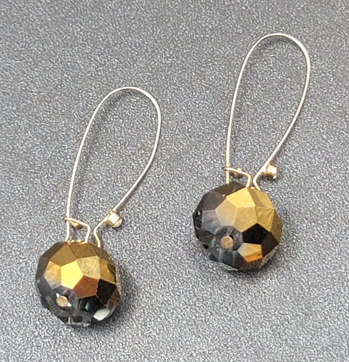 Pierced Earrings Gold tone faceted Glass Bead Smokey Gray Dangle 2"