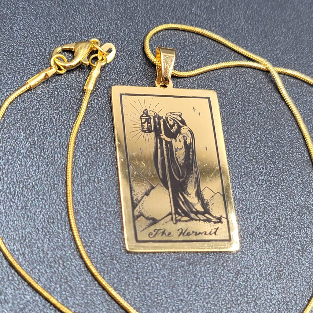 The HERMIT Tarot Card Pendant Necklace Major Arcana Gold tone 18”.