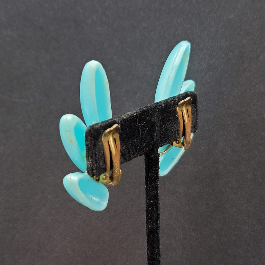 Vintage Clip on Earrings Lightweight Plastic Blue Climber W Germany 1 7/8"