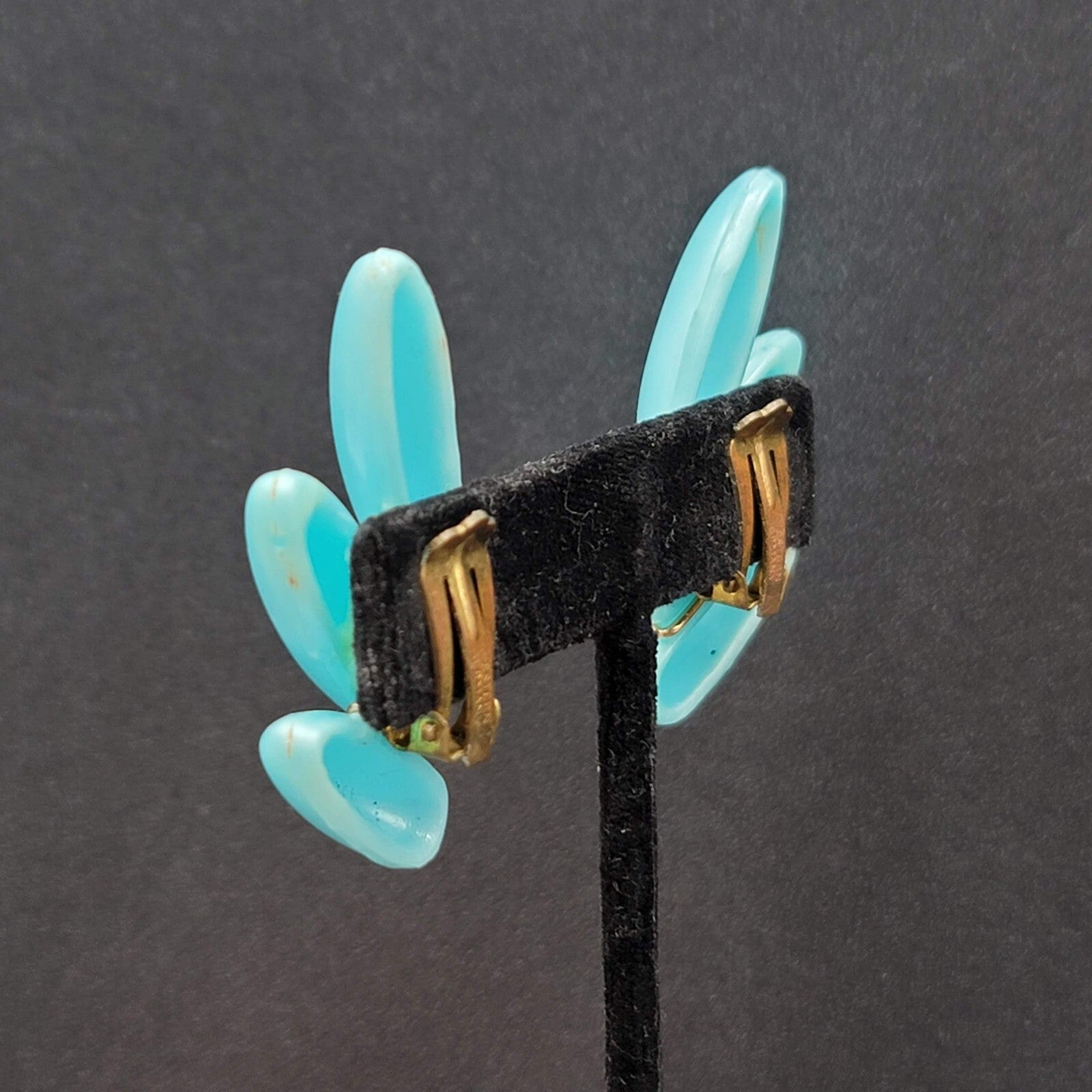 Vintage Clip on Earrings Lightweight Plastic Blue Climber W Germany 1 7/8"