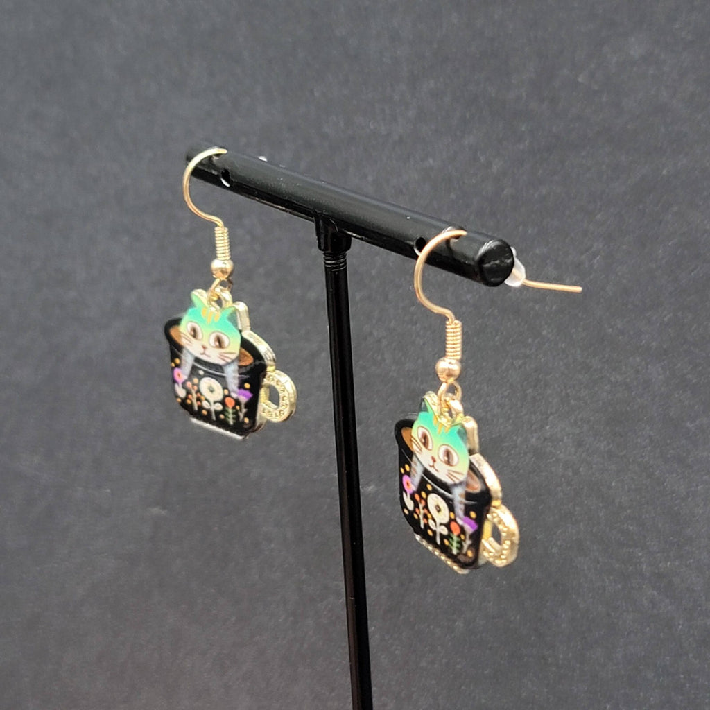 Pierced Earrings Gold tone Enamel Kitty Cat in Tea cup Dangle 3/4"