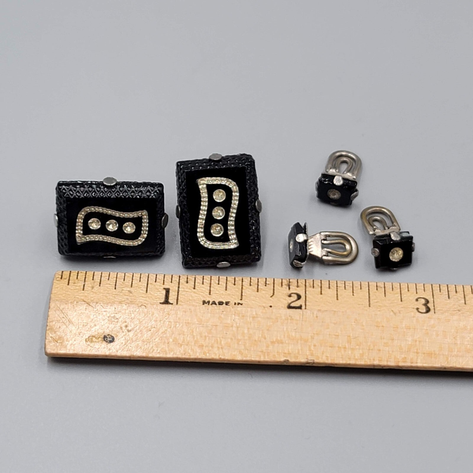 Vintage Cufflinks and Shirt Stud Set Black Glass Rhinestone Silver tone