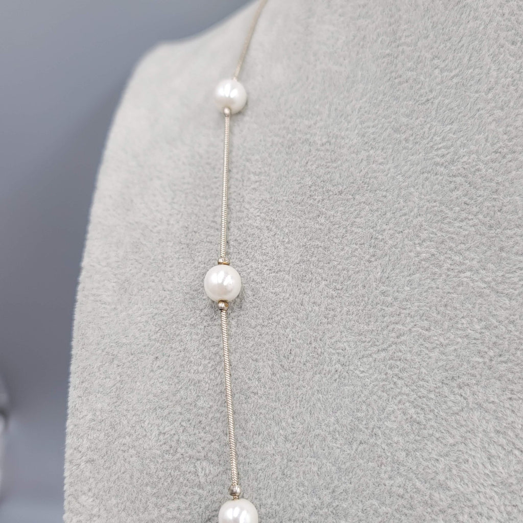 Faux Pearl Bead Station Necklace Silver tone 24 in