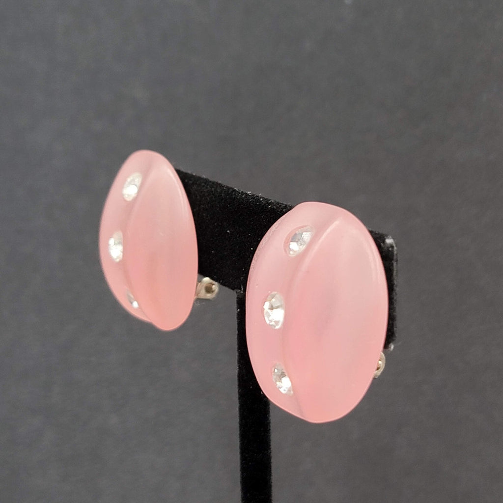 Vintage Clip on Earrings Pink Translucent Acrylic Rhinestone Dome 1"