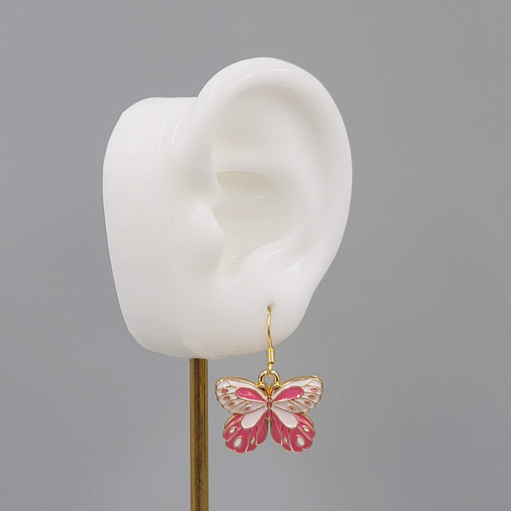 Moth Pink Enamel Pierced Earrings Gold tone Dangle Butterfly 3/4"