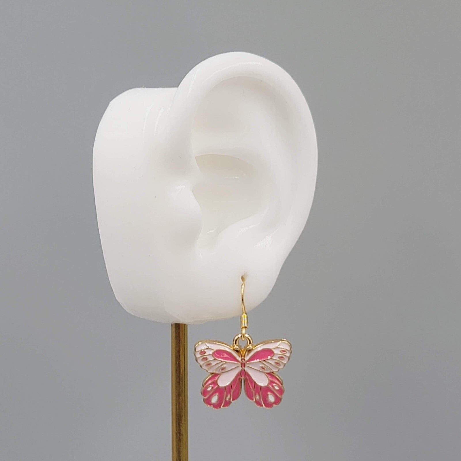 Moth Pink Enamel Pierced Earrings Gold tone Dangle Butterfly 3/4"