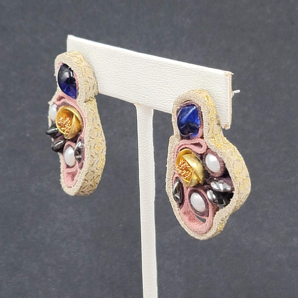 Artisan Pierced Earrings Leather Beaded Gold tone Rose Unusual Fun Drop 1.5"