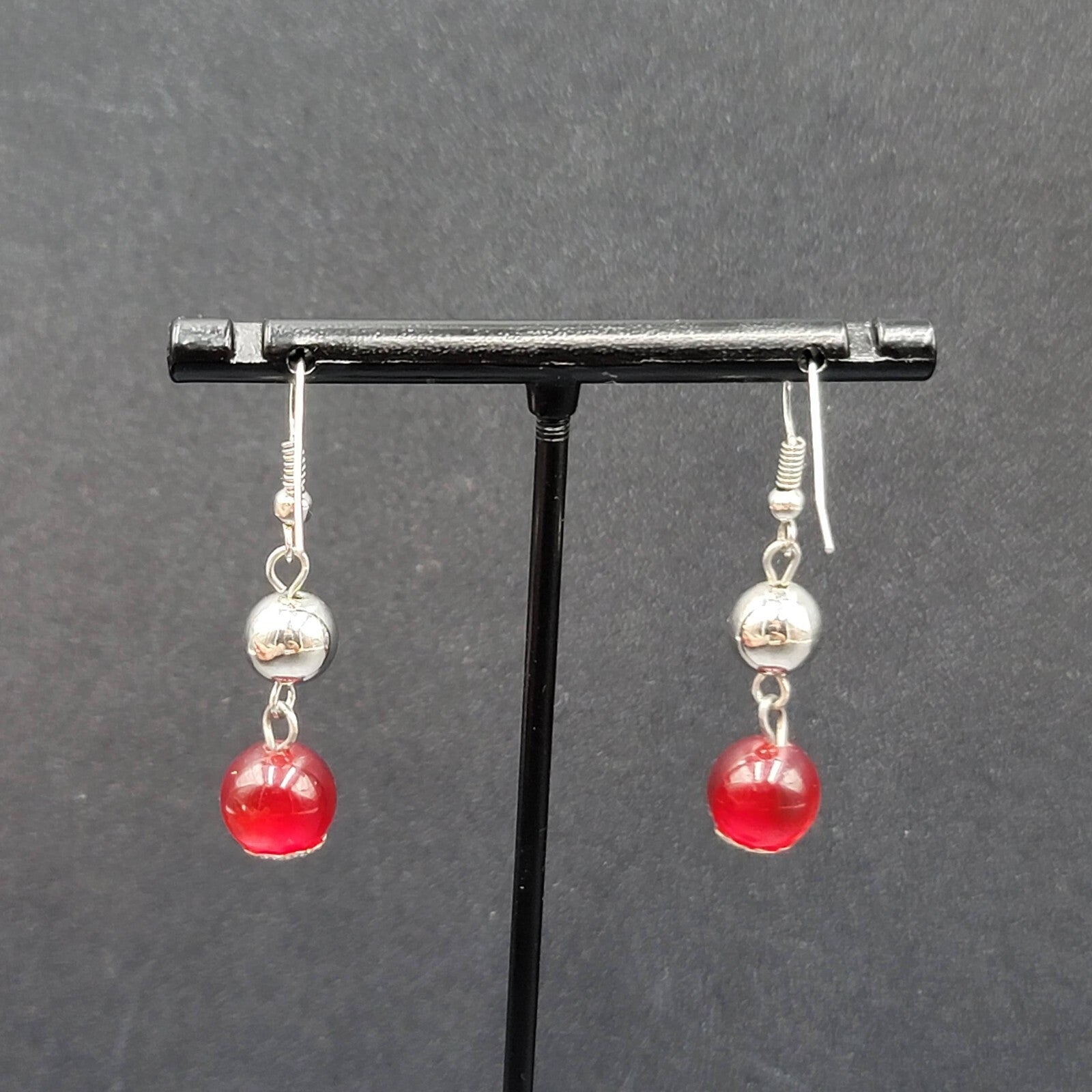 Pierced Earrings Silver tone Bead Red Moonglow Bead Dangle 1"