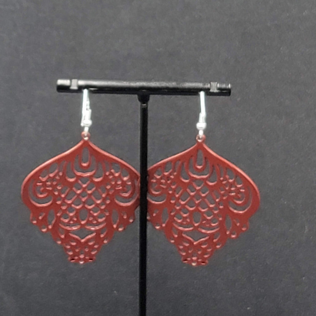 Pierced Earrings Burgandy Red Enamel over Metal Open work 2"