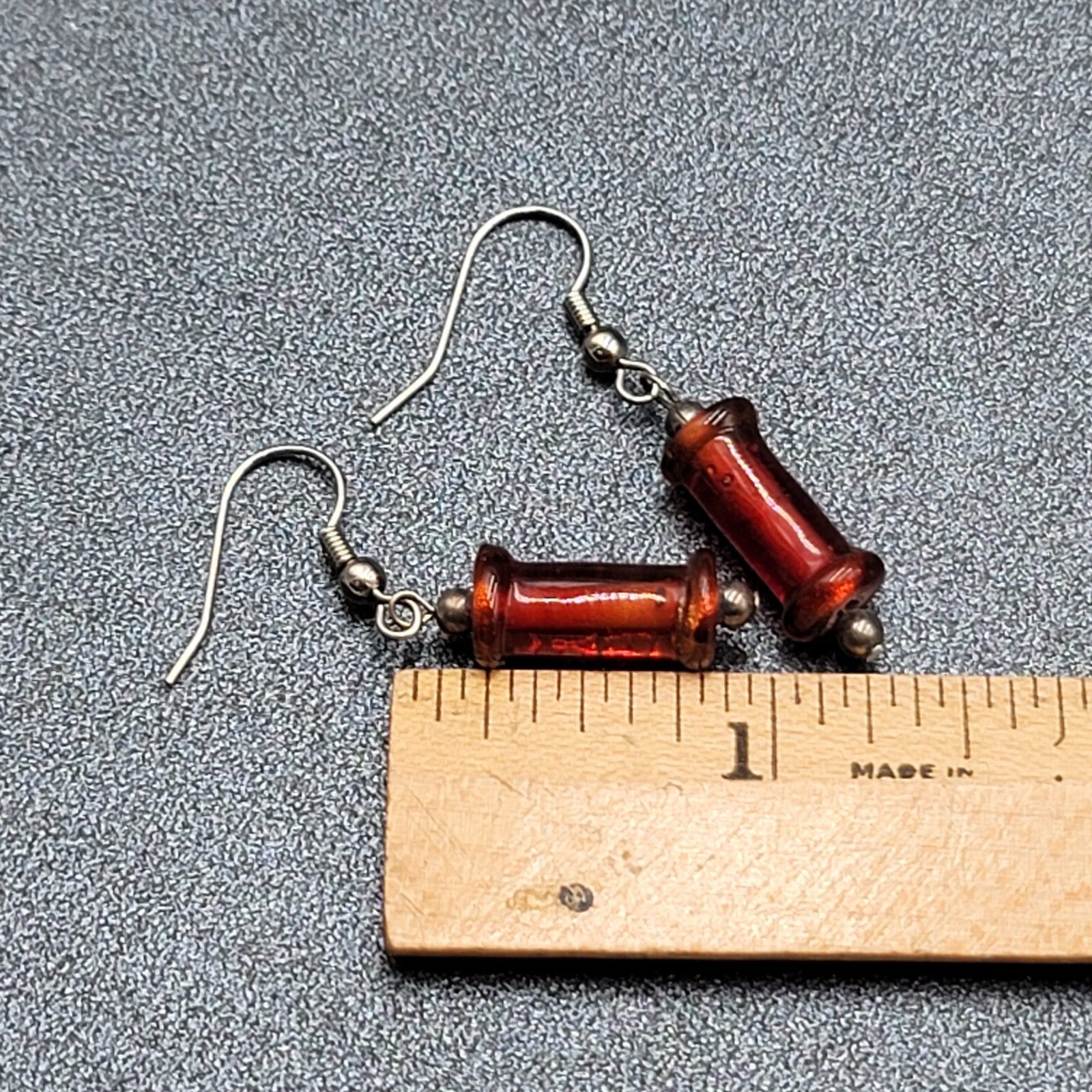 Pierced Earrings Red Cylinder Glass Bead Silver tone Dangle 1"