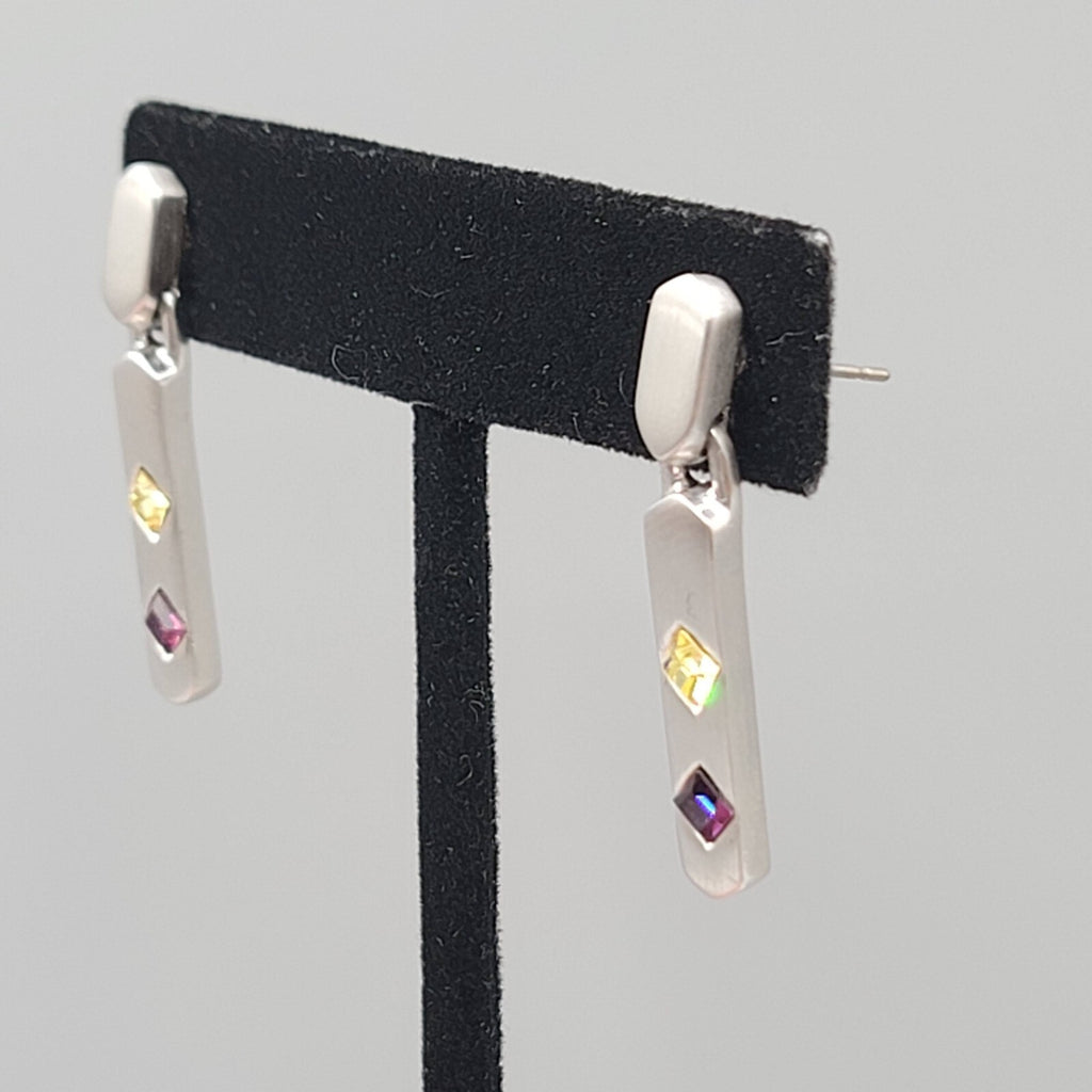 Pierced Earrings Silver tone Yellow Purple Crystal Dangle 1.25"