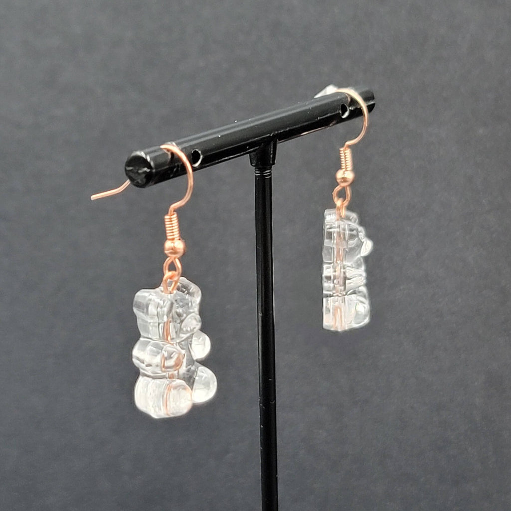 New Clear Gummy Bear Pierced Earrings Rose Gold tone Hooks Dangle 3/4"