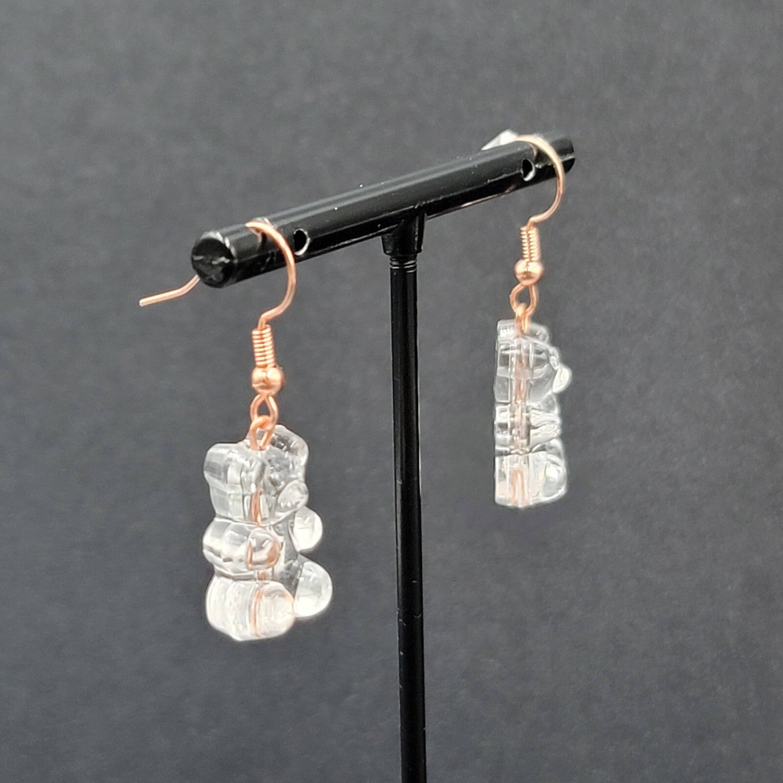 New Clear Gummy Bear Pierced Earrings Rose Gold tone Hooks Dangle 3/4"