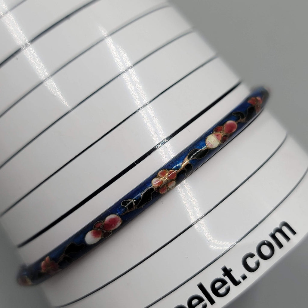 Vintage Cloisonne Bangle Bracelet Blue Enamel Flowers 8.25 in