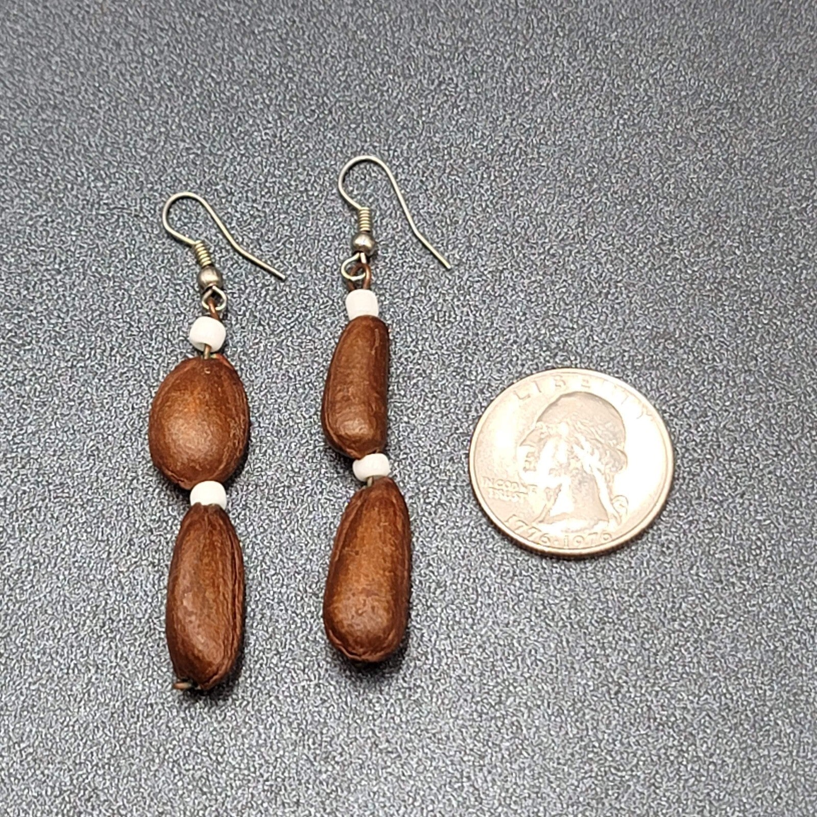 Vintage Pierced Earrings Silver tone Large Brown Seed Beads Long Dangle 2"