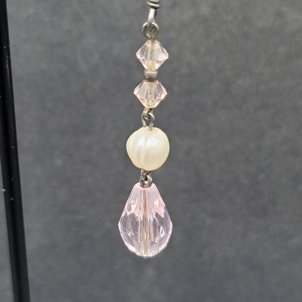 Pierced Earrings Silver tone Pink Crystal Teardrop Bead Pearl Bead 1 3/8"
