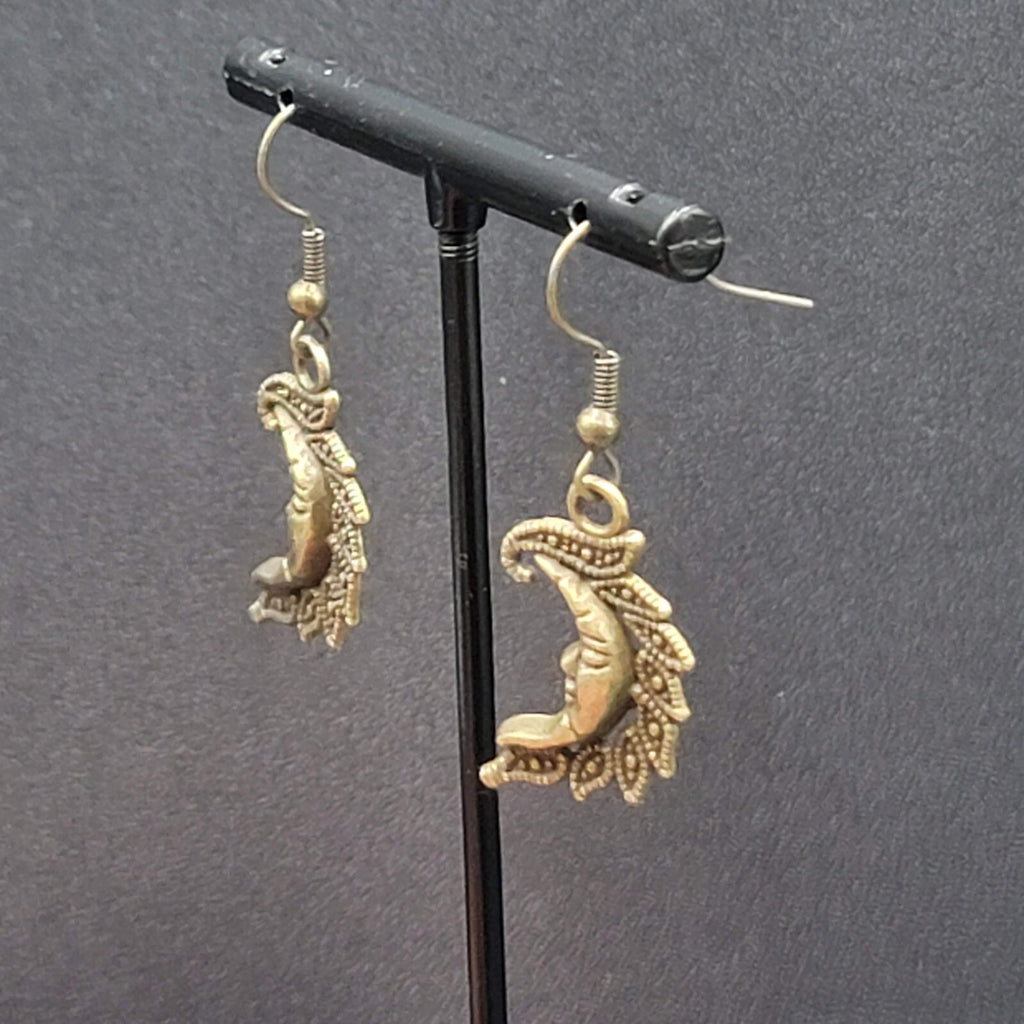 New Moon Face Pierced Earrings Bronze tone Dangle Embossed 1"