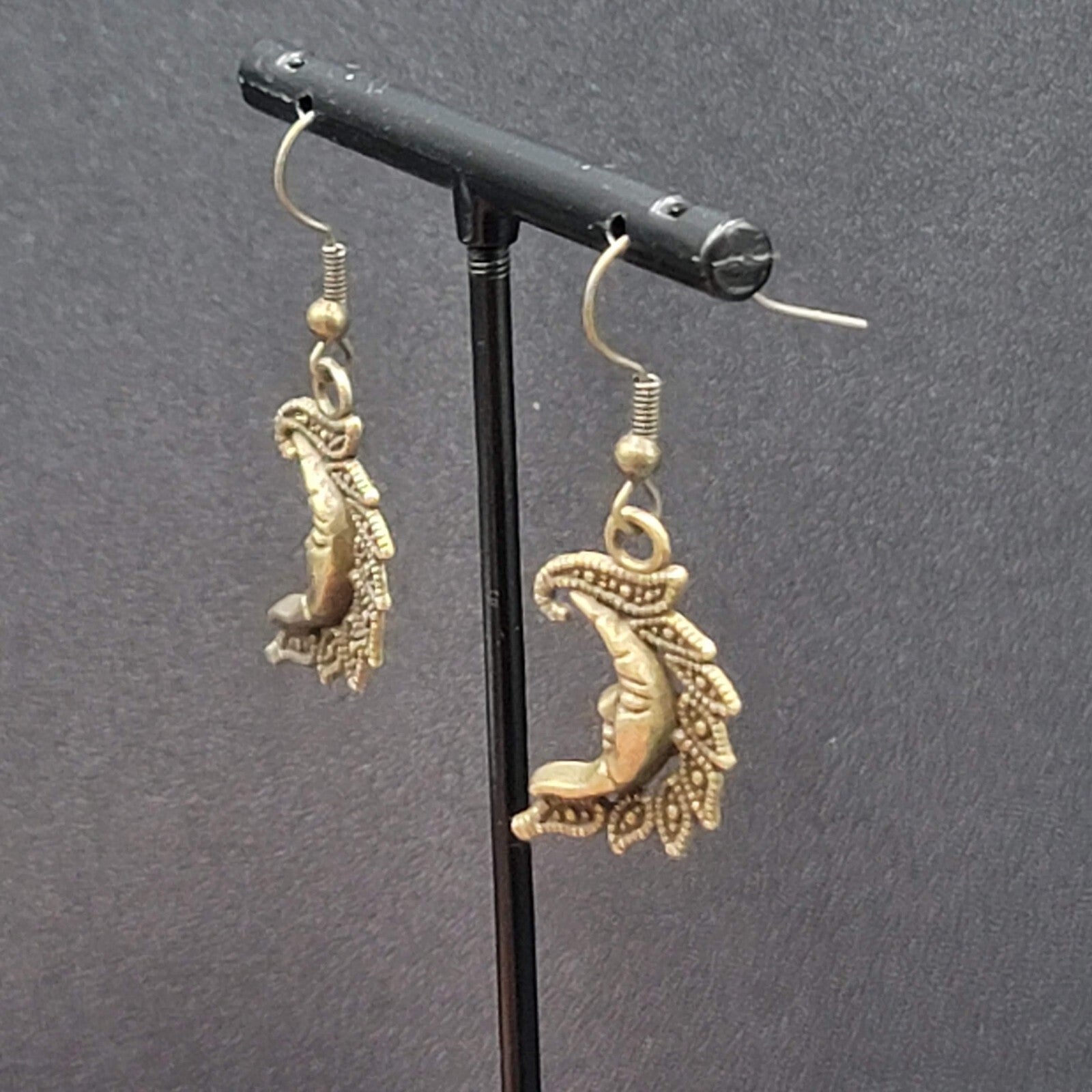 New Moon Face Pierced Earrings Bronze tone Dangle Embossed 1"