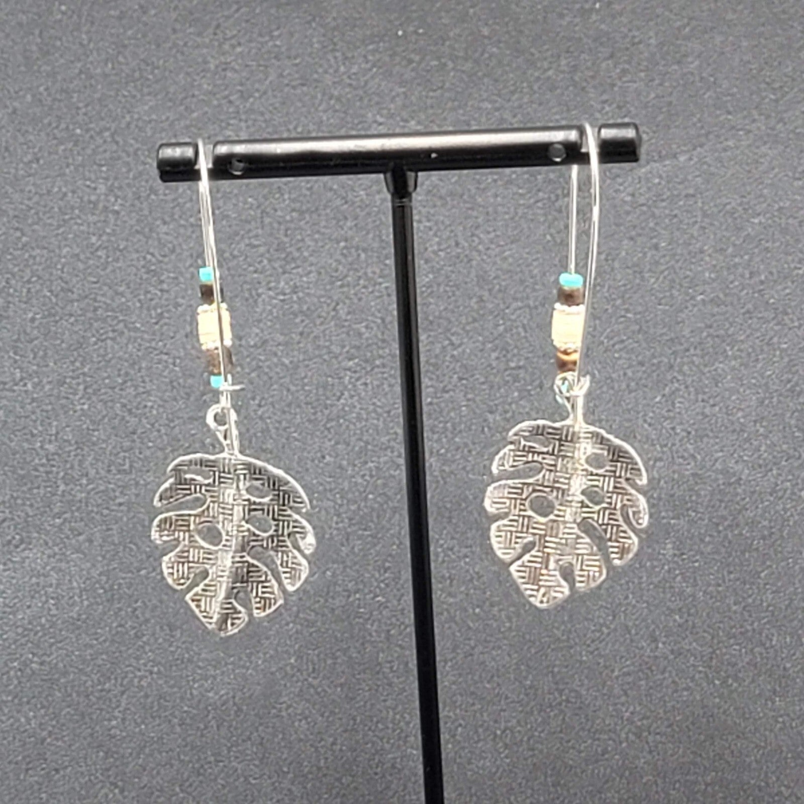 Pierced Earrings Silver tone Leaf Beaded Dangle 2.25"