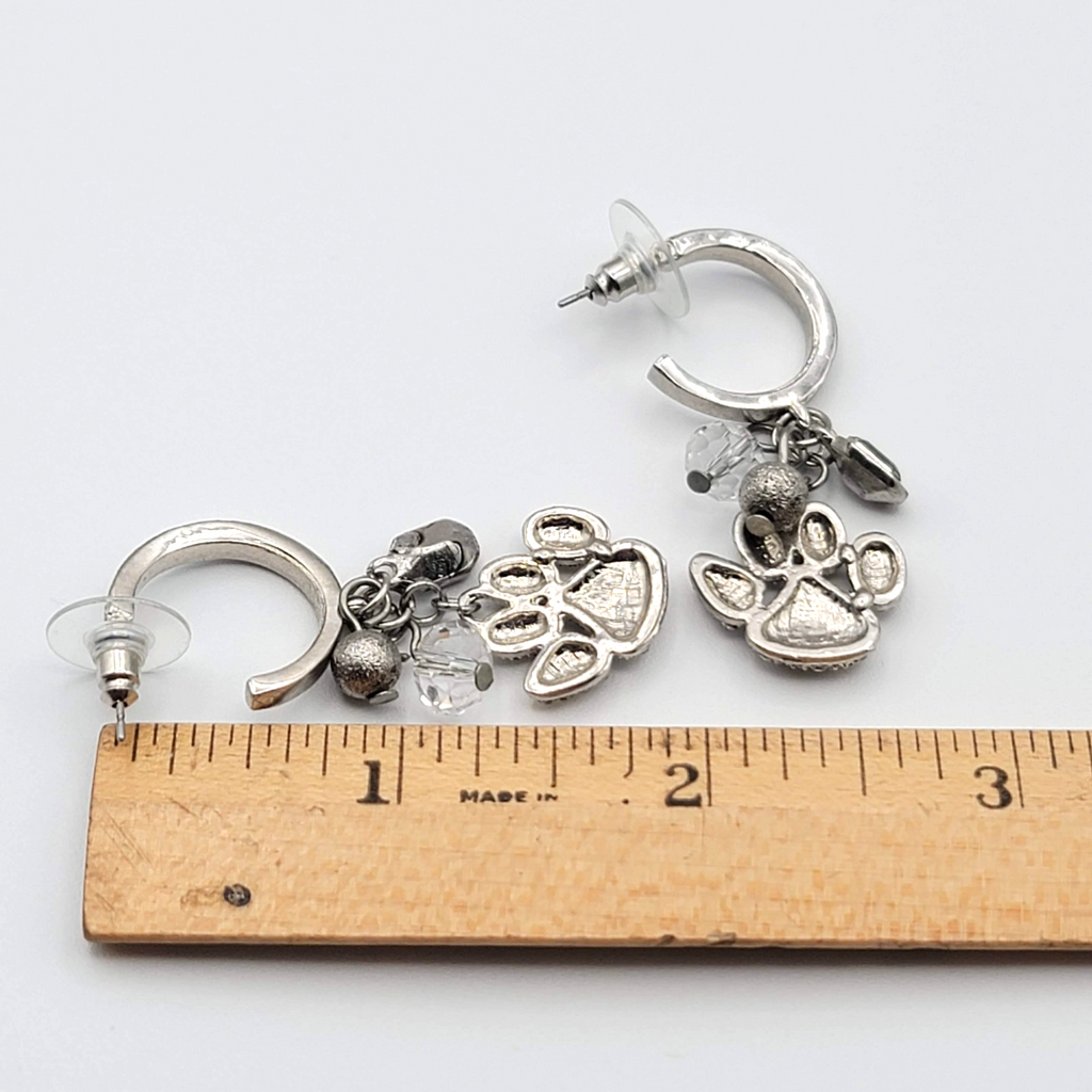 Puppy Paw Crystal Rhinestone Pierced Earrings  Silver tone Dangle Bead 1.75 in