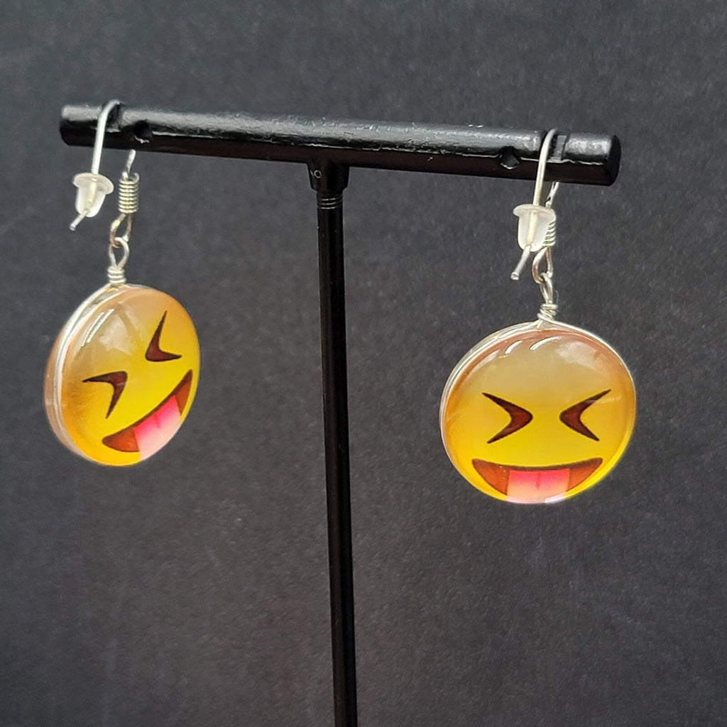 Pierced Earrings Glass Yellow Laughing Emoji Dangle 1"