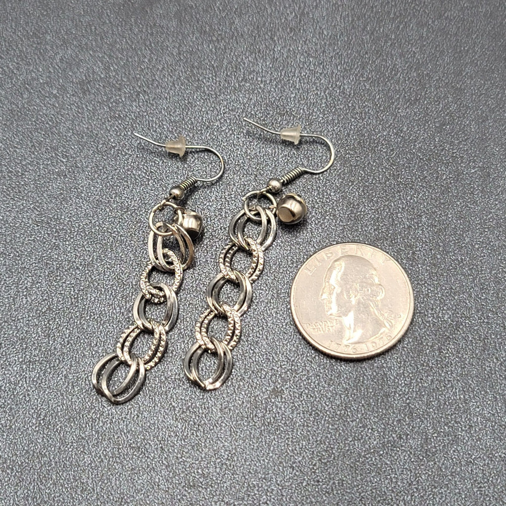 Pierced Earrings Hammered Dangle Chains Rhinestone 1.75"