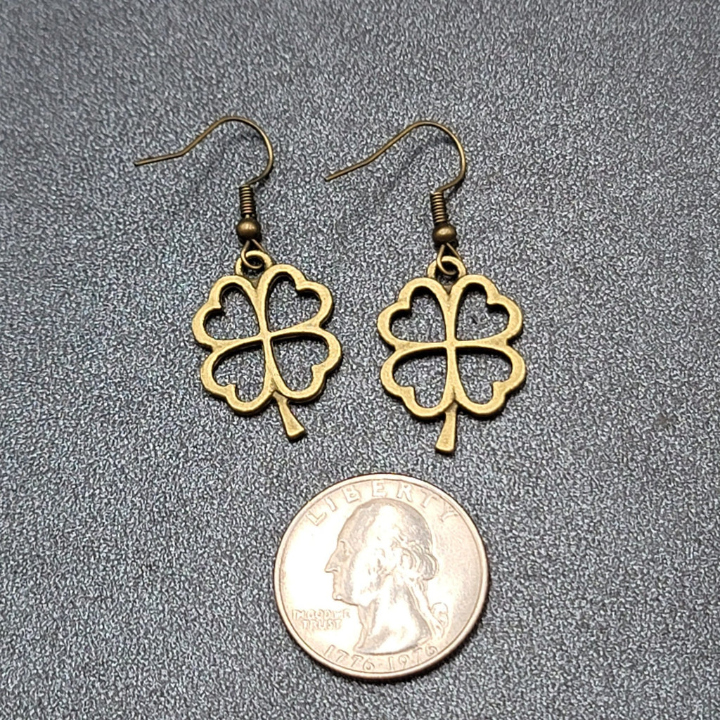 New 4 Leaf Clover Pierced Earrings Lucky Shamrock Bronze tone Dangle 1"