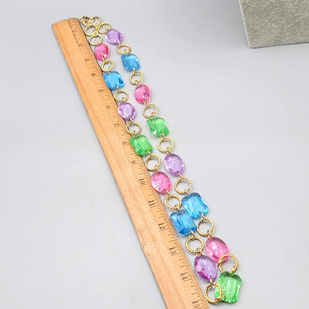 Long Statement Bead Necklace Gold tone Pink Green Blue Purple 30 in