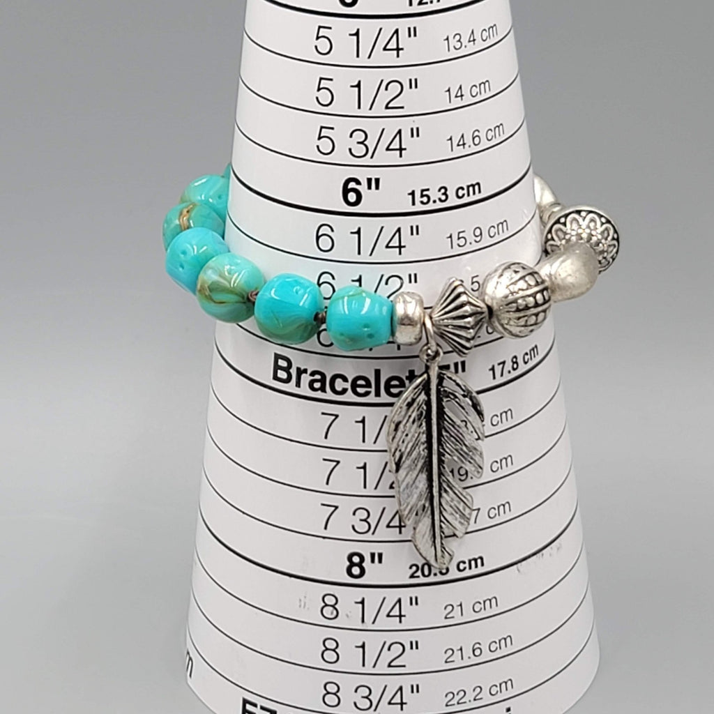 Louisa Bracelet Blue Pottery Bead Silver tone Feather Charm 6.75"-7.75"