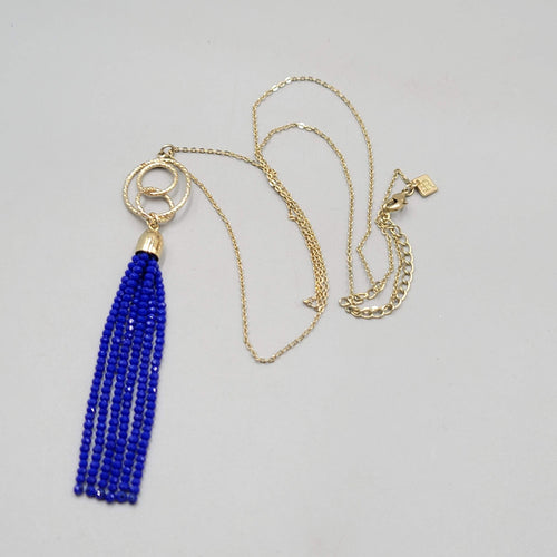 Blue Crystal Bead Tassel Pendant Necklace Gold tone LONG Chain 28"