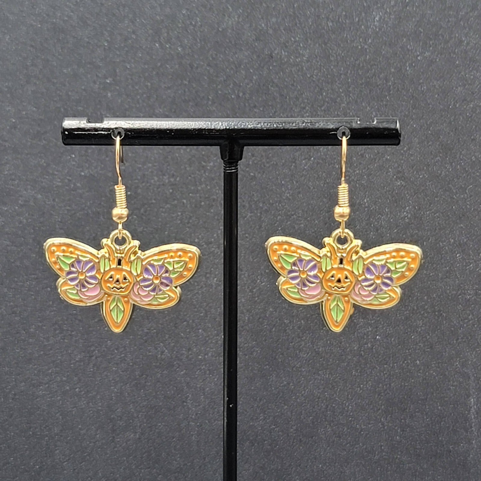 Halloween Moth Pierced Earrings Jack o Lantern Flowers Gold tone Dangle 3/4"
