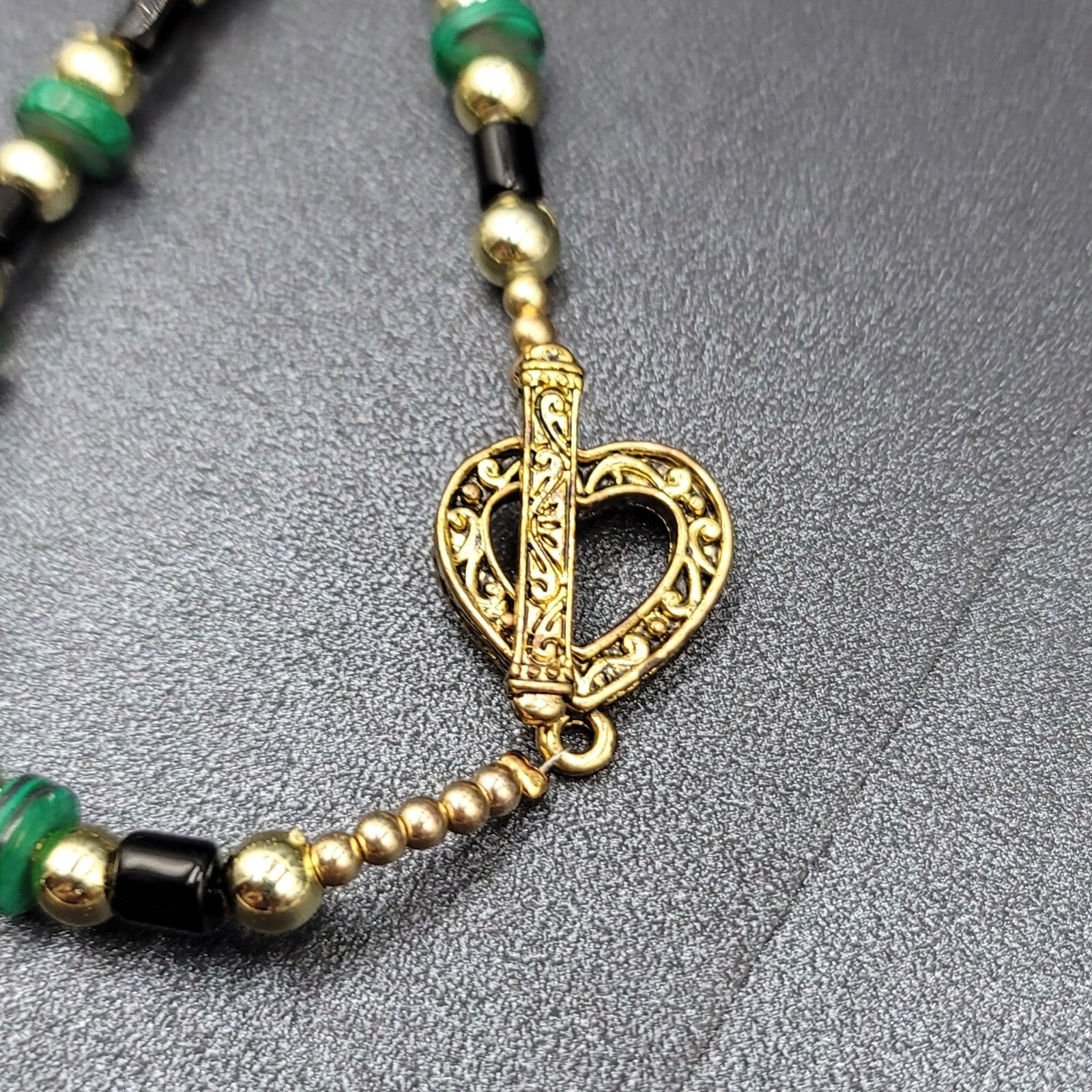 Beaded Necklace Gold tone Faux Malachite Bracelet Earrings Set Jewelry Set 52"
