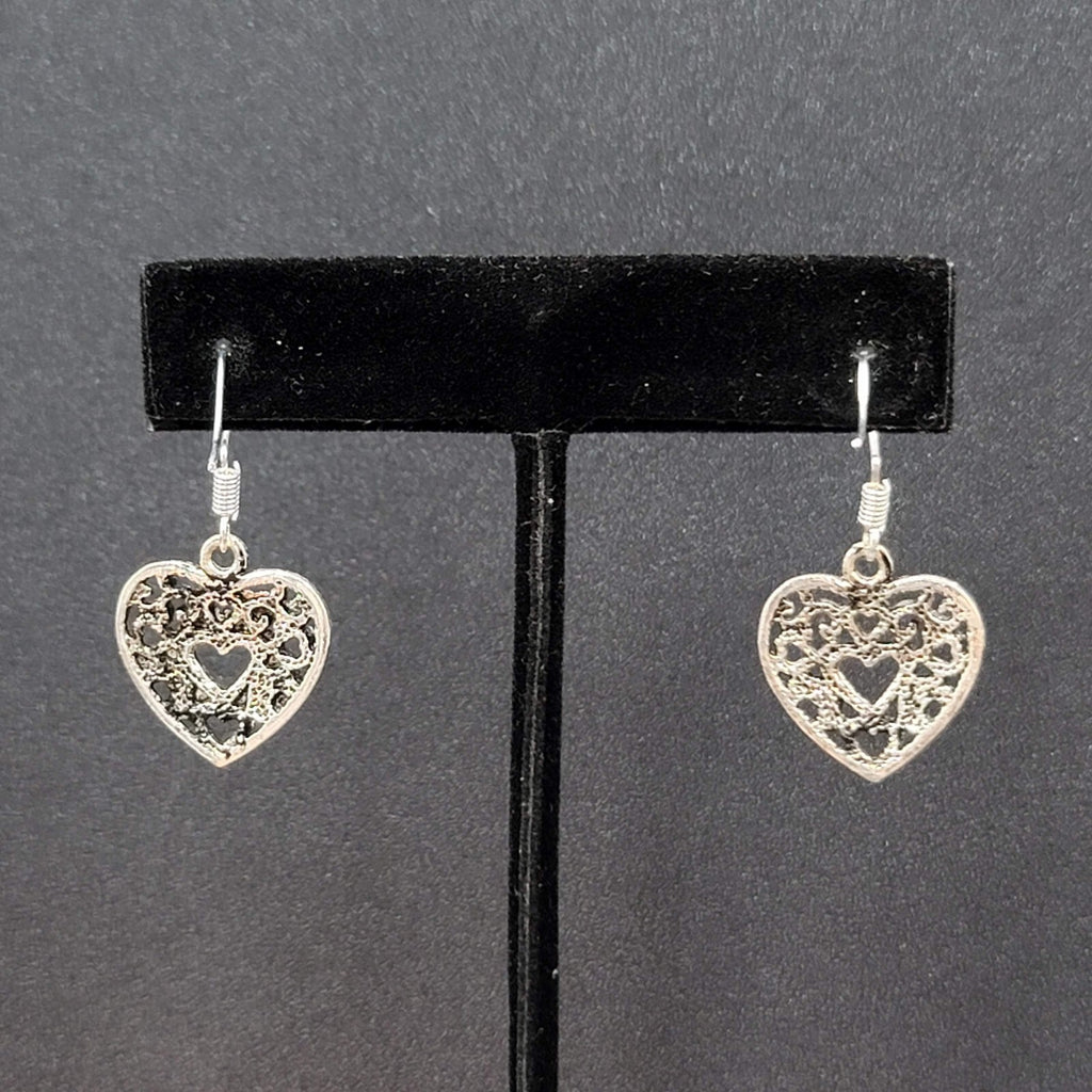 Heart Pierced Earrings Open Work Silver tone Dangle 3/4"