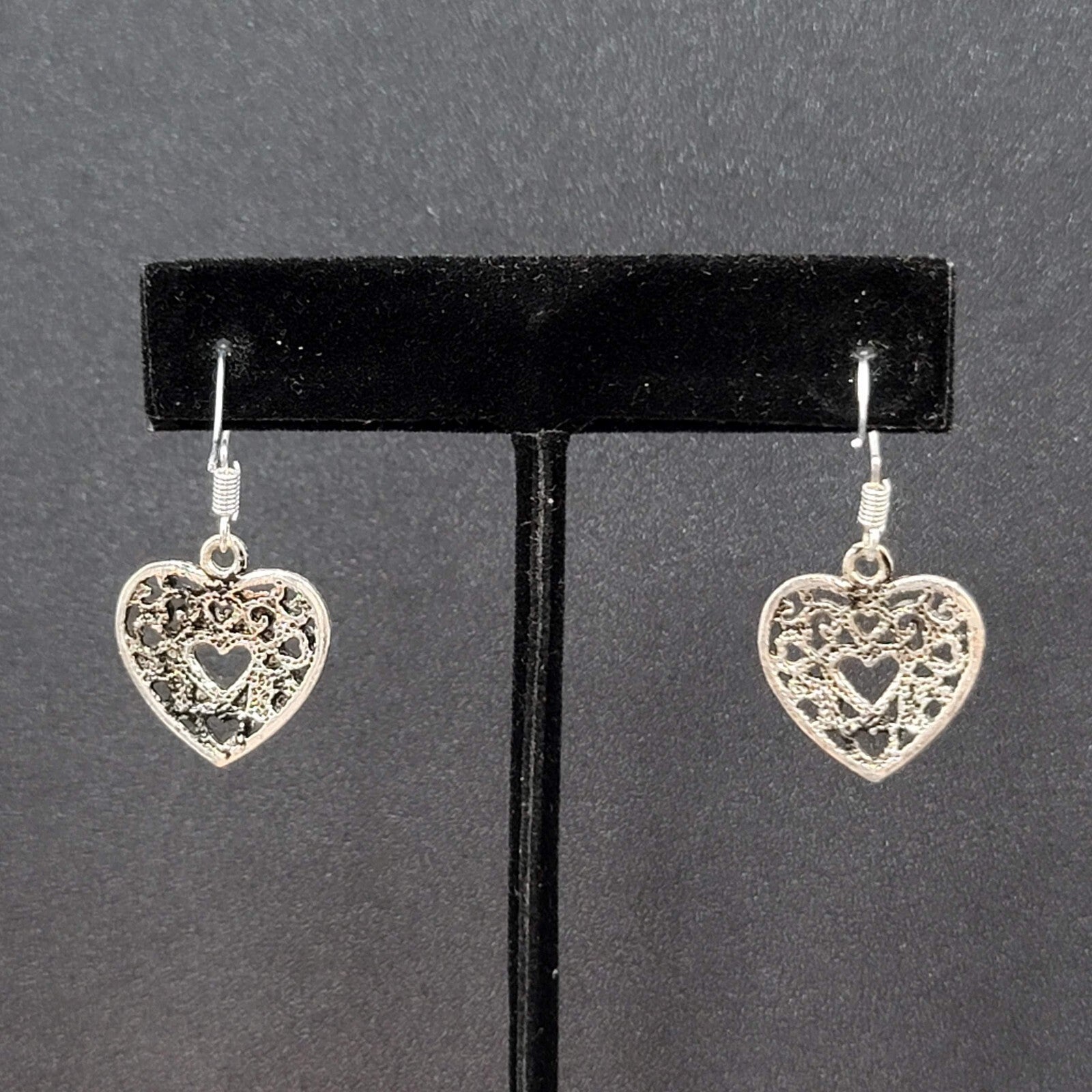 Heart Pierced Earrings Open Work Silver tone Dangle 3/4"