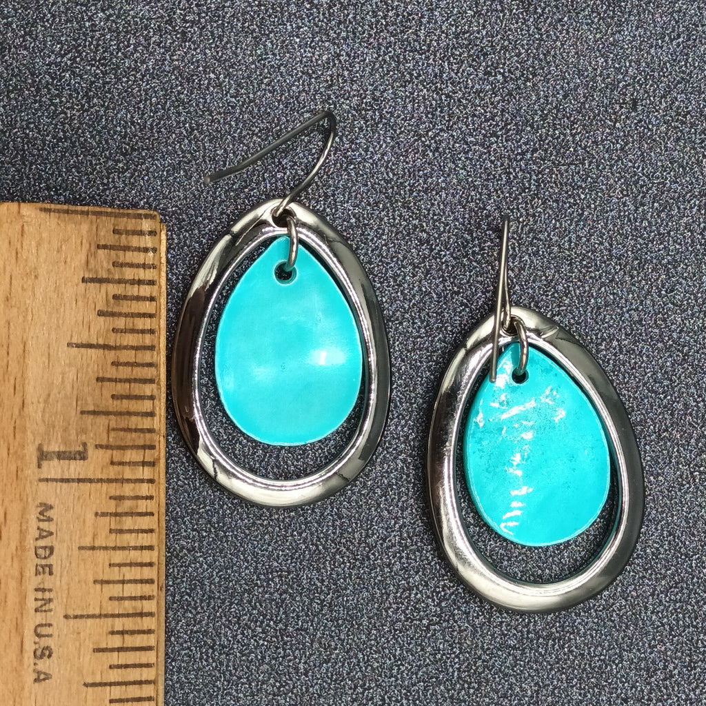 Pierced Earrings Silver tone Blue Teardrop Shell Dangle 1.25"
