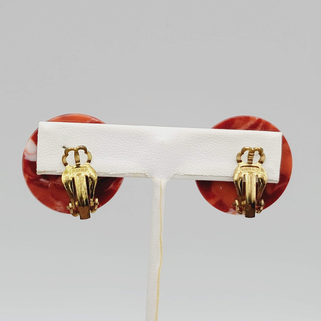 Vintage Confetti Red Round Clip on Earrings Acrylic Drop 1 1/8 in
