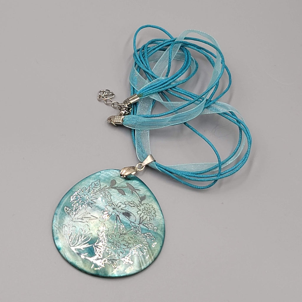 Blue Shell Pendant Necklace Ribbon Silver Embossed Butterfly Flowers 18"