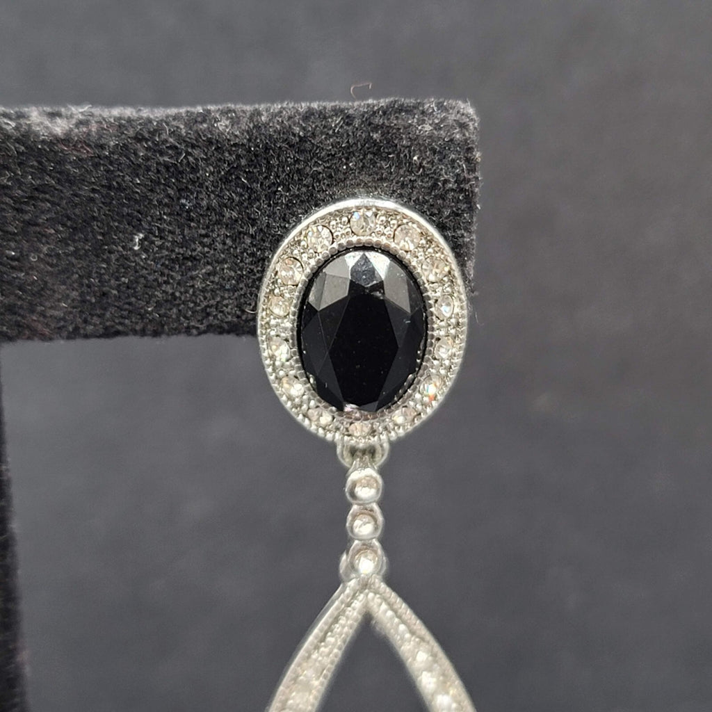Pierced Earrings Silver tone Black Accent Crystal Rhinestones Dangle 2.5"