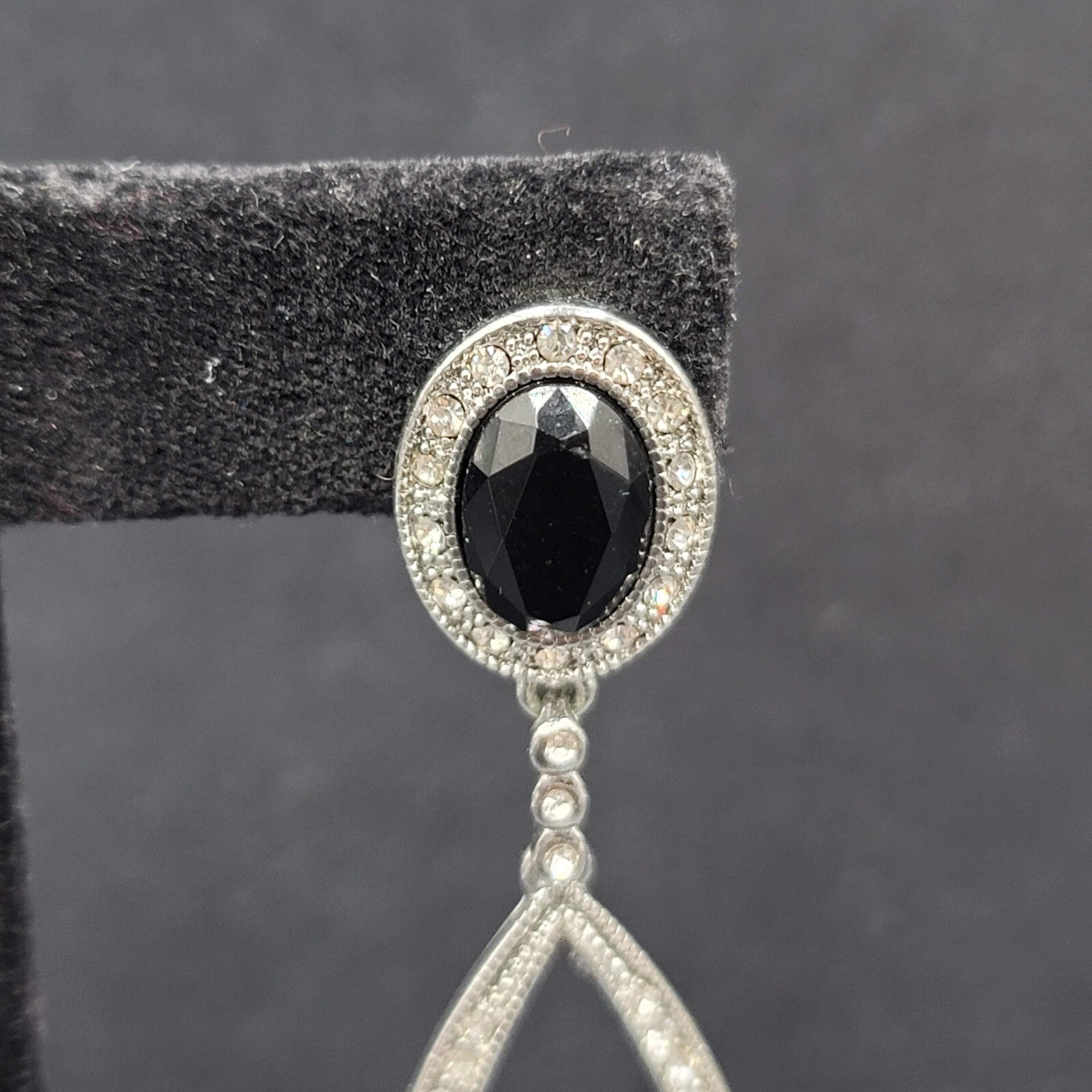 Pierced Earrings Silver tone Black Accent Crystal Rhinestones Dangle 2.5"