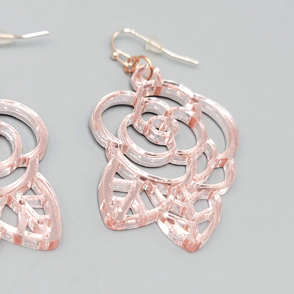 Pink Mirrored Open Work Flower Pierced Earrings Silver tone Dangle 2"