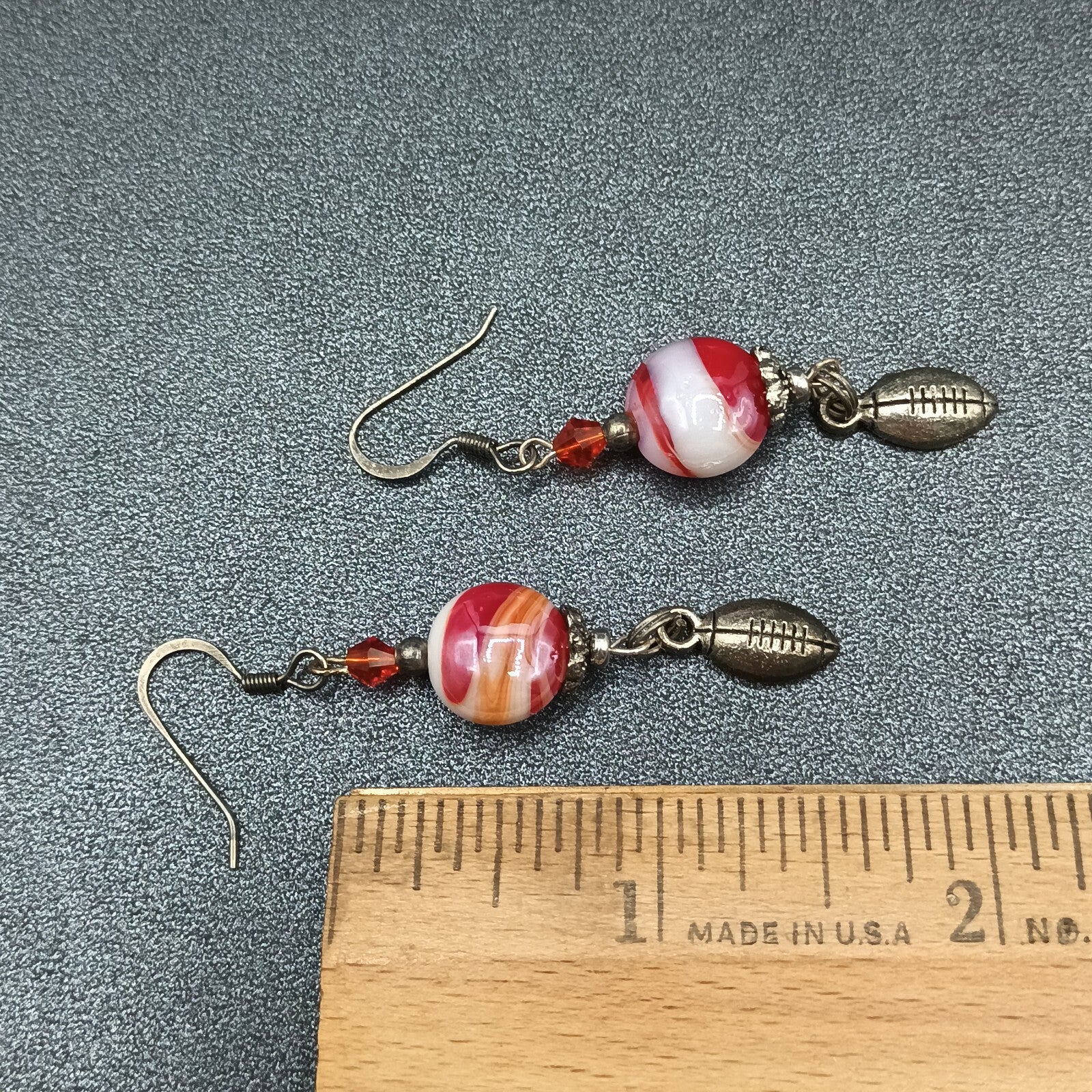 Pierced Earrings Red White Swirl Art Glass Silver tone Football Dangle Charm