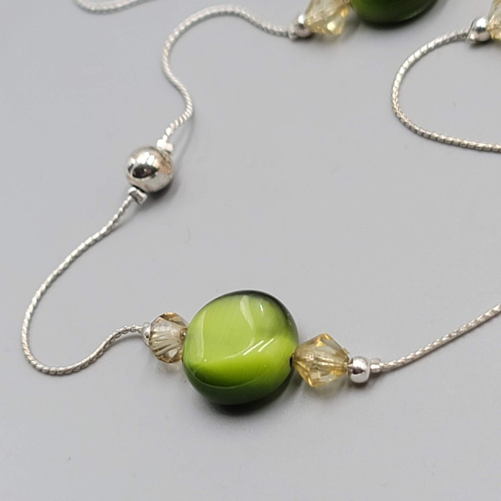 Green Cats Eye Glass Station Bead Necklace Silver tone Long 34"