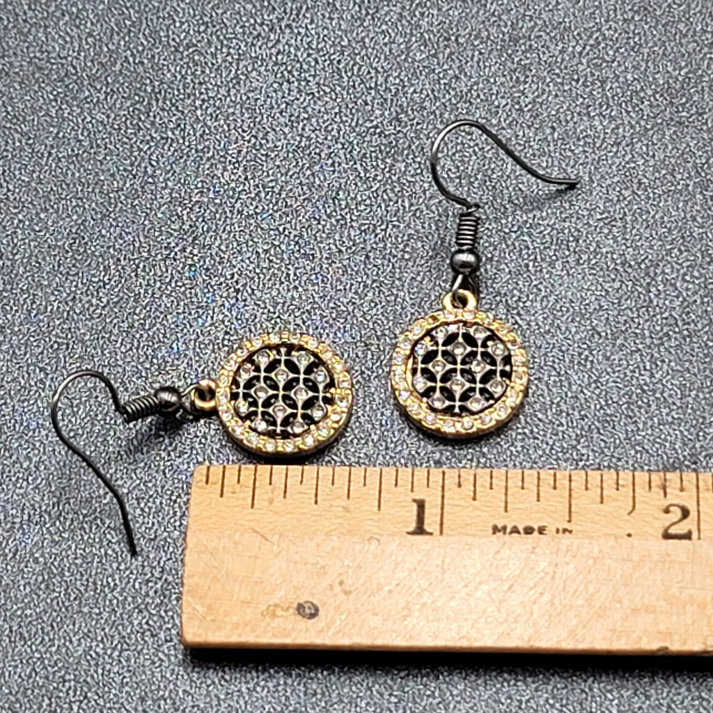 Pierced Earrings Black Metal Gold tone Crystal Round Open Work Dangle 5/8"