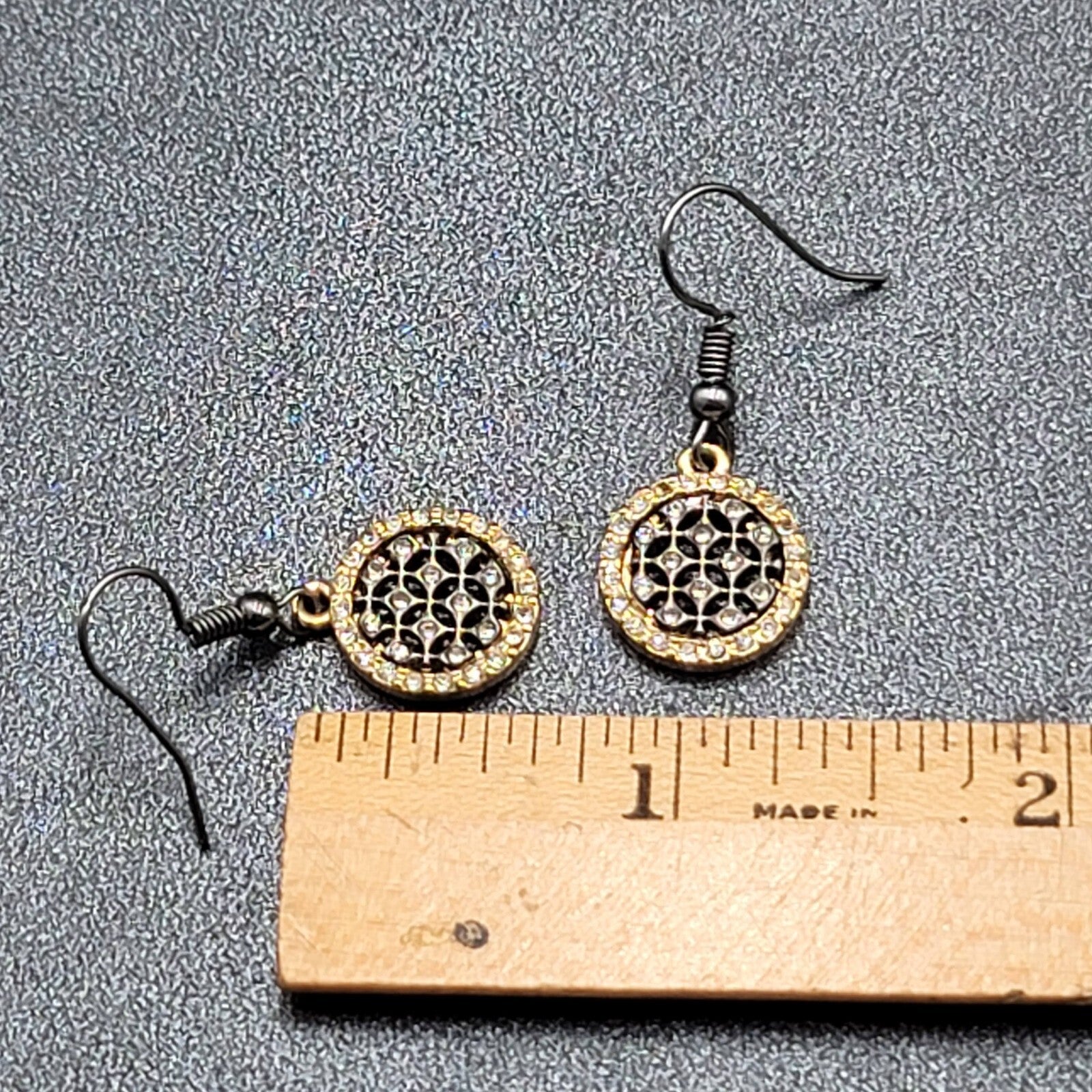 Pierced Earrings Black Metal Gold tone Crystal Round Open Work Dangle 5/8"