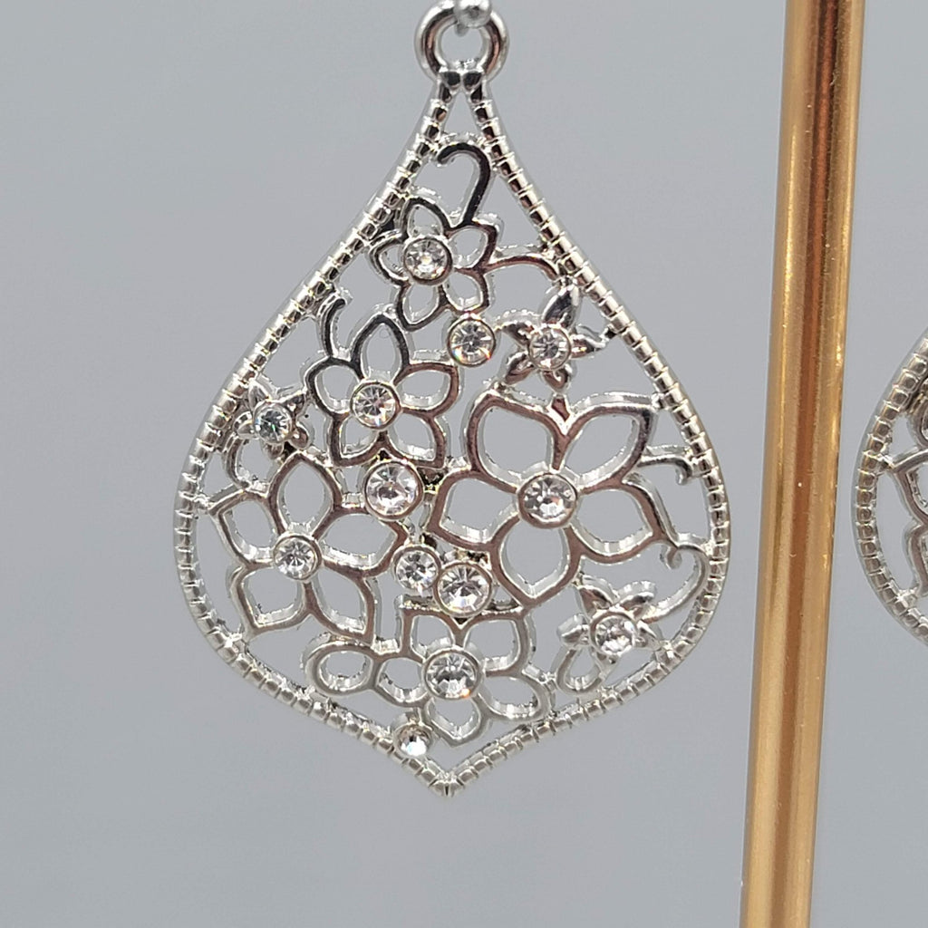 Crystal Flower Open Work Pierced Earrings Silver tone Dangle  1.75 in