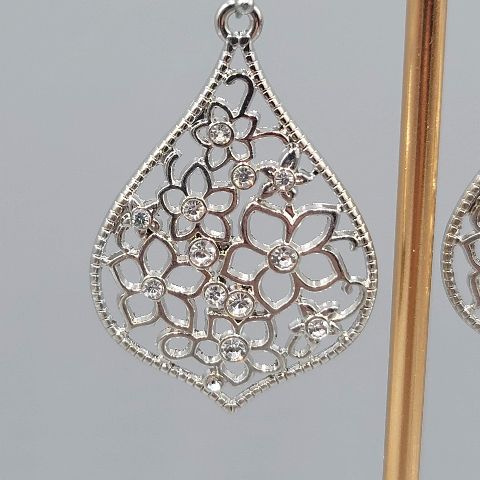 Crystal Flower Open Work Pierced Earrings Silver tone Dangle  1.75 in