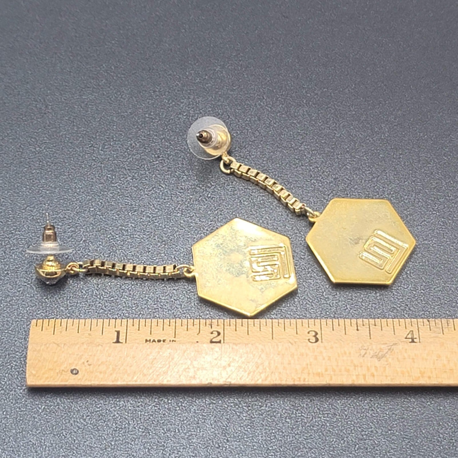 Pierced Earrings Gold Plated Rhinestone Studded Hexagon Dangle Chain Signed 