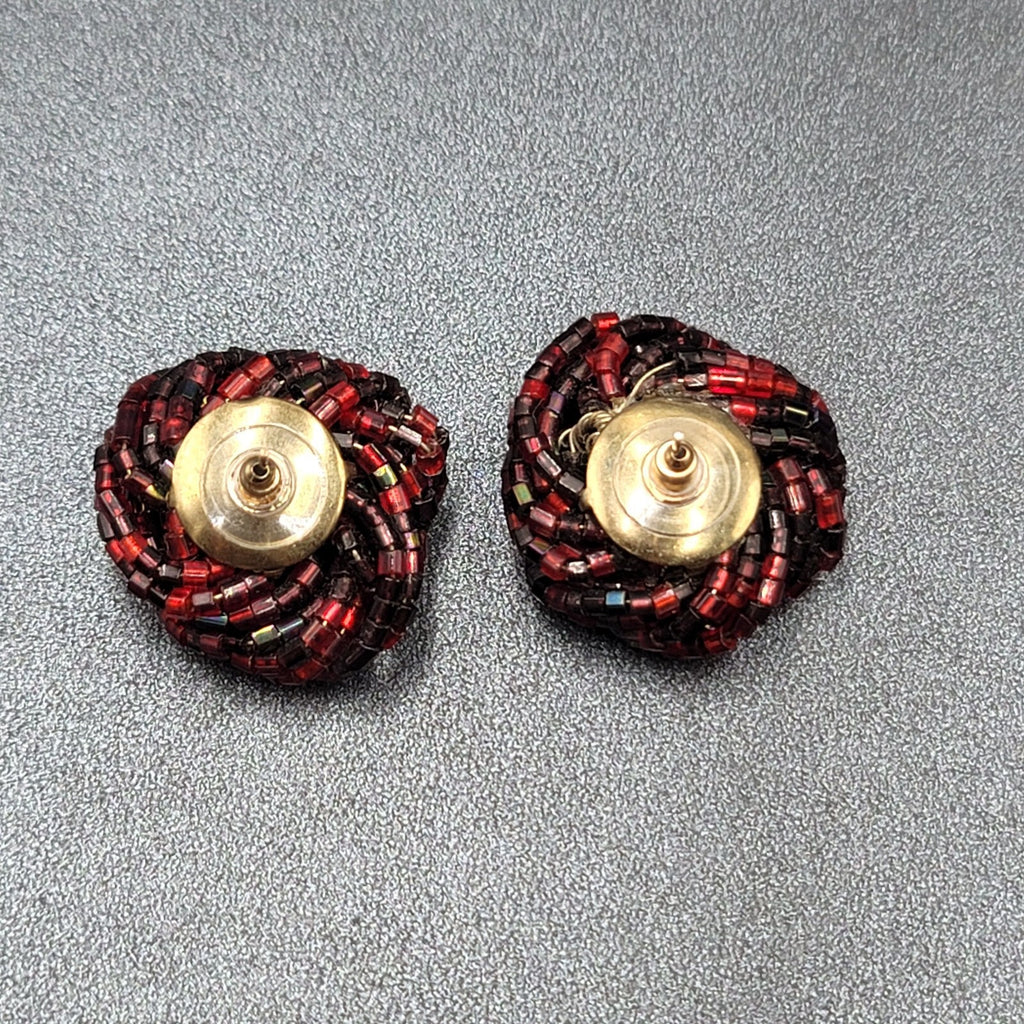 Vintage Pierced Earrings Red Black Seed Bead Cluster Knot 1"