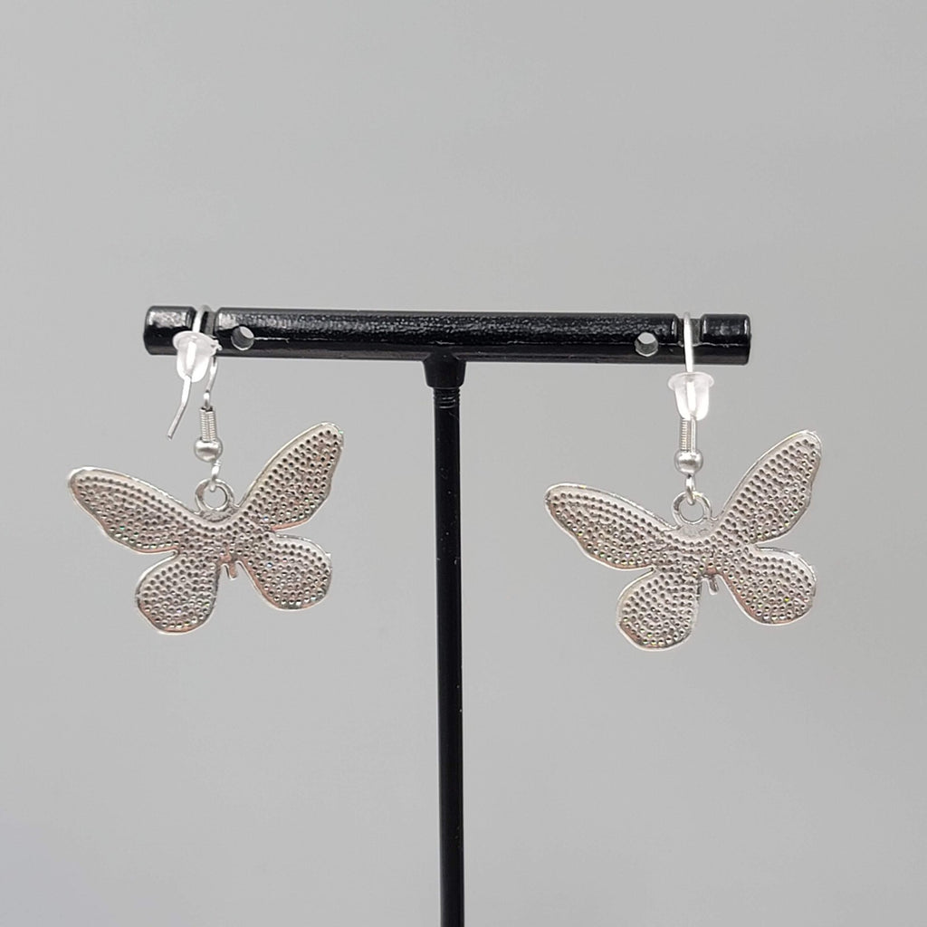 Butterfly Pierced Earrings Silver tone Embossed Dangle 3/4"